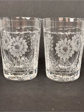 Pair Royal Brierley Etched Crystal Tumblers - Kensington Palace Flower Sunflower
